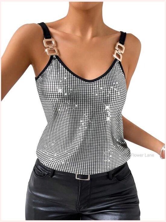 Tops - Sparkly V-Neck Cami Top Sleeveless Sequin Tank Party Club